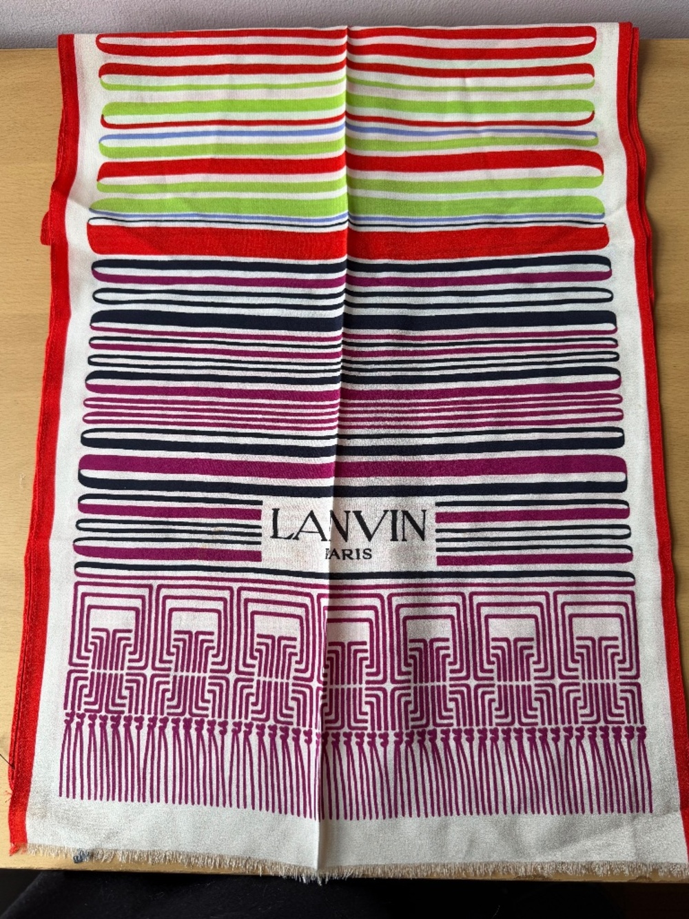 VINTAGE LANVIN PARIS OBLONG SCARF 100% SILK MULTICOLOR PURPLE RED GREEN WHITE